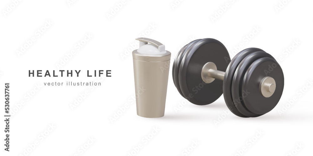 3d realistic dumbbell and shaker - healthy life concept. Vector illustration. 3d realistic dumbbell and shaker - healthy life concept. Vector illustration.