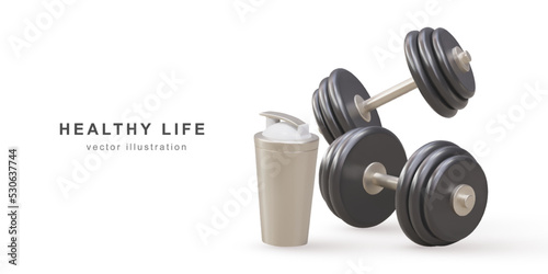 3d two realistic dumbbell and shaker - healthy life concept. Vector illustration.