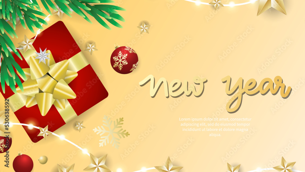New Year hand written with gift and star isolated on gold background, fat design for content online, illustration vector EPS 10