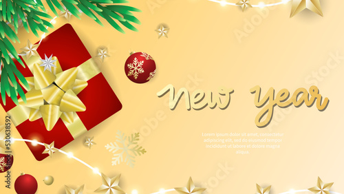 New Year hand written with gift and star isolated on gold background  fat design for content online  illustration vector EPS 10