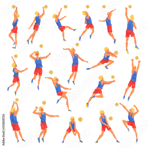Young Blond Man Volleyball Player Hitting and Tossing the Ball with Hands Big Vector Set