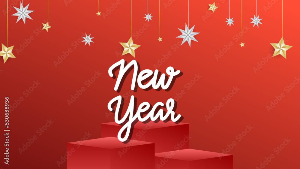 New Year  hand written with podium and star isolated on red background, fat design for content online, illustration vector EPS 10