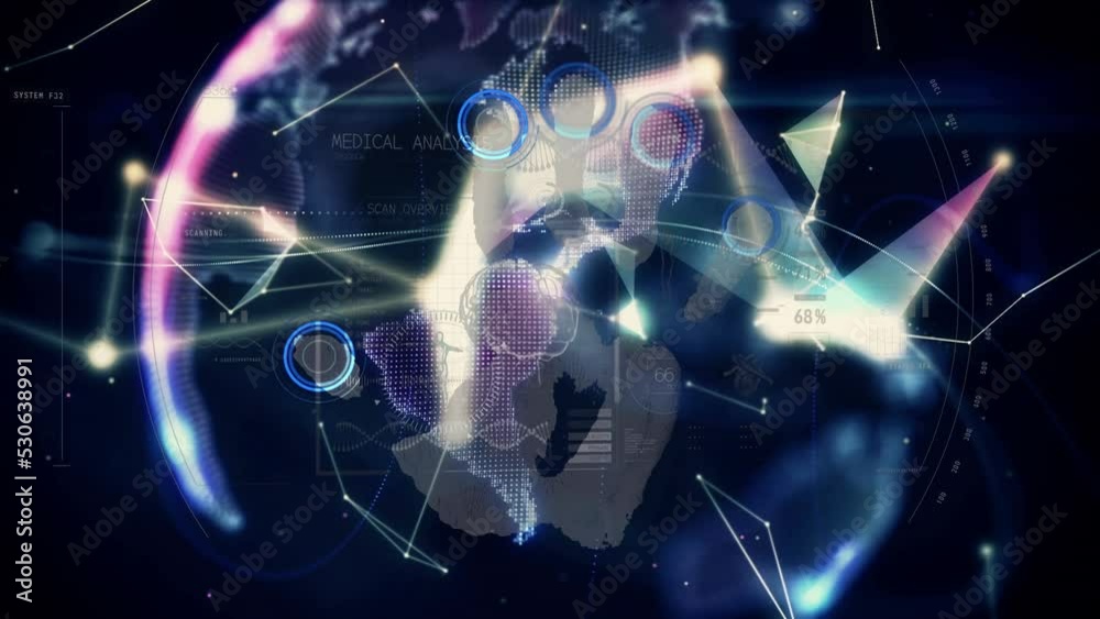 Animation of data processing over handprint and globe Animation of data processing over handprint and globe