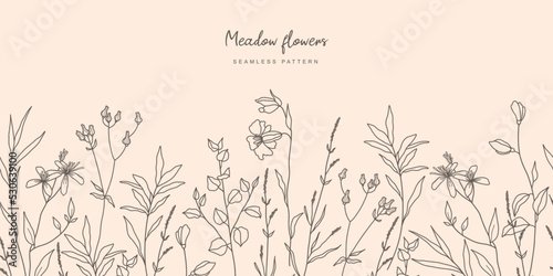 Obraz na płótnie Botanical seamless background with trendy meadow greenery and flowers