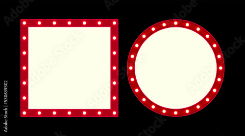 Vector empty retro circus billboard frame with electric bright glowing lamps. Light bulbs circle and square shapes figure. © Ra
