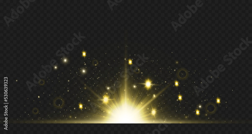 Light effects, glare, glitter, explosion, golden light, Vector illustration. shining golden stars.