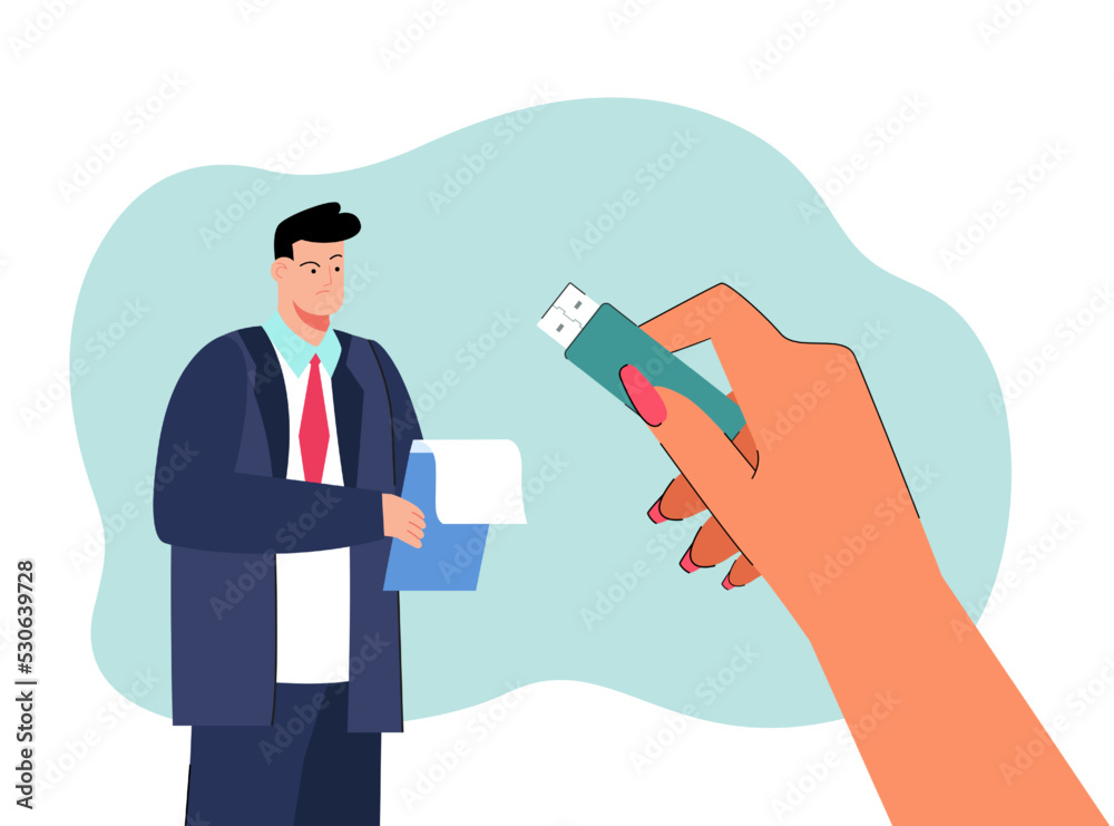 Office worker looking at huge hand holding flash drive. Female hand with USB stick flat vector illustration. Technology, digital storage concept for banner, website design or landing web page Office worker looking at huge hand holding flash drive. Female hand with USB stick flat vector illustration. Technology, digital storage concept for banner, website design or landing web page