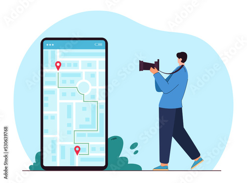 Man with camera standing next to huge phone with city map. Route to destination in mobile app flat vector illustration. Navigation, traveling, photography concept for banner or landing web page