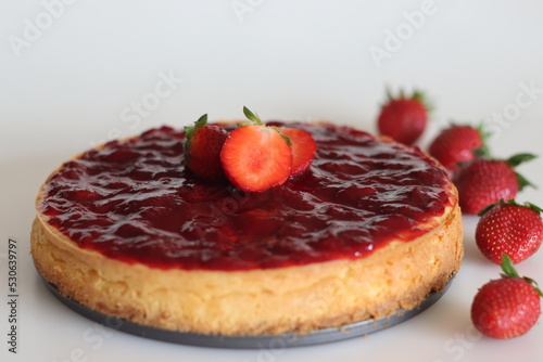 Strawberry cheese cake. Silky smooth and creamy cheese cake with homemade fresh strawberry toppings