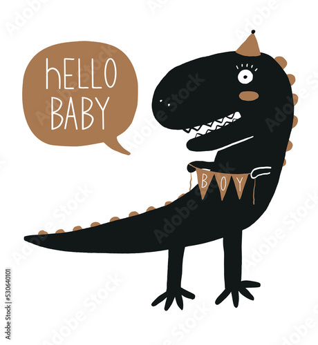 Baby Shower Vector Card with  Black Dinosaur on a White Background. Big Funny Dino Holding Galrland with Handwritten "Boy". Hello Baby. Cute Nursery Illustration for Baby Boy Party. Baby Shower Print.