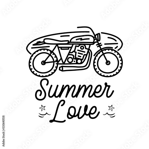 Simple linear style illustration of motorcycle and surfboard with Summer Love calligraphic inscription against white background