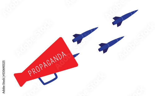Propaganda agitation speech in a red megaphone from which missile rocket fly to kill