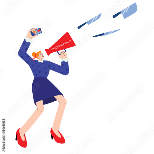 Women propagandist with a smartphone in her hand broadcasts an agitation speech in a red megaphone from which knives fly to kill