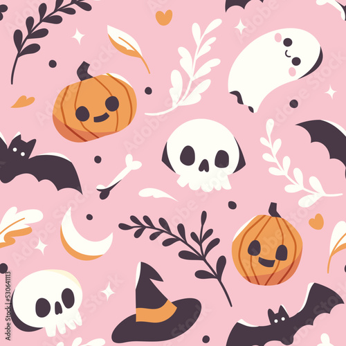 Seamless Vector Halloween Pattern Design. Cute halloween elements in flat style.