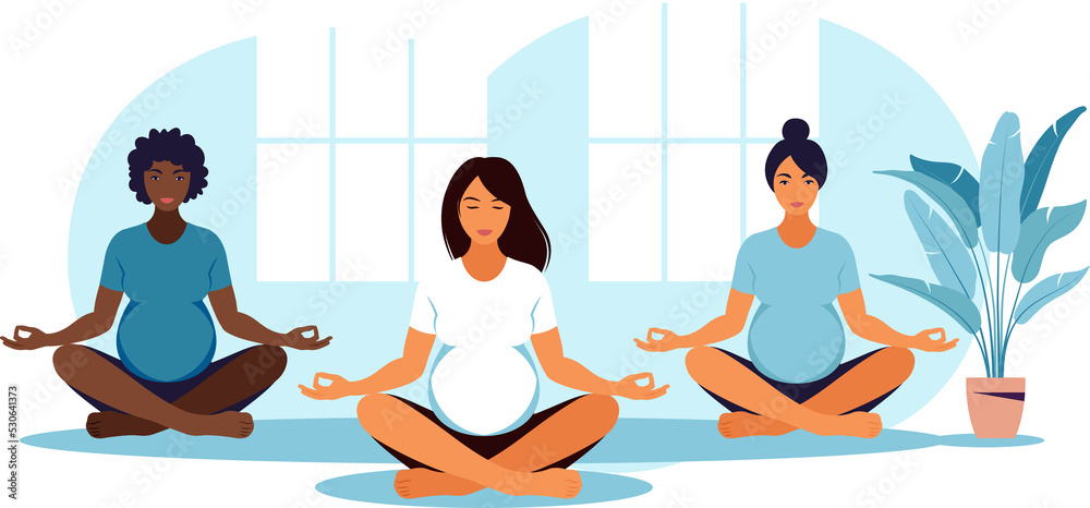 Three pregnant women practicing yoga and meditation in class. Wellness and healthy lifestyle in pregnancy. Three pregnant women practicing yoga and meditation in class. Wellness and healthy lifestyle in pregnancy.