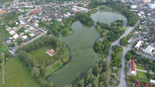 Aerial view of  lake in green summer city park,beauty green tree forest environment plant,resting place life in summer season 