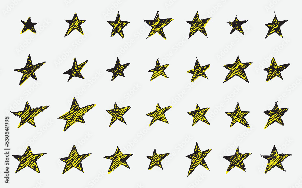 Set of Colored Vector illustration of hand drawn doodle stars symbol pattern by using ballpoint to draw with shade and color