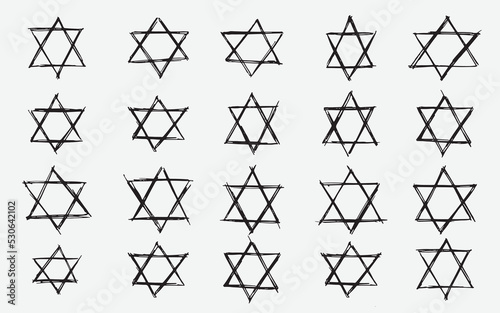 Set of Colored Vector illustration of handdrawn doodle David Stars Symbol pattern by using ballpoint to draw, scribble art