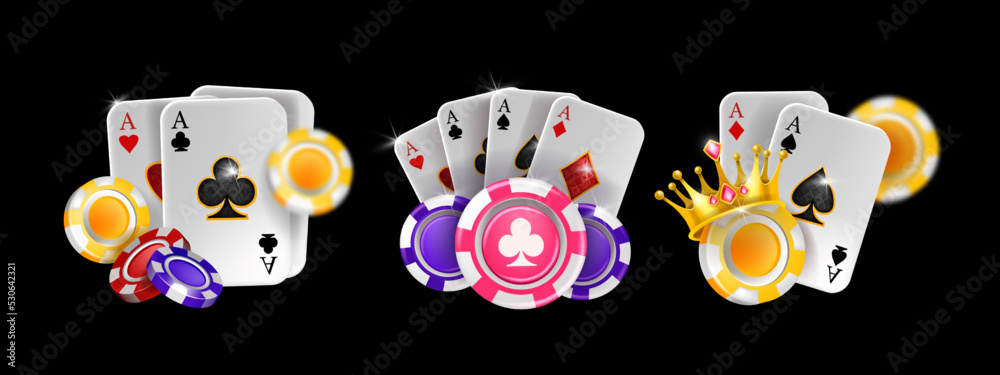 Casino poker 3D vector icon set, playing ace card, Vegas tournament banner,  flying gambling chips. Realistic Texas Holdem badge, online blackjack lucky  illustration. Casino poker UI clipart on white Stock Vector