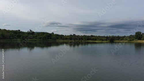 Aerial view of lake in green summer city park,beauty green tree forest environment plant,resting place life in summer season