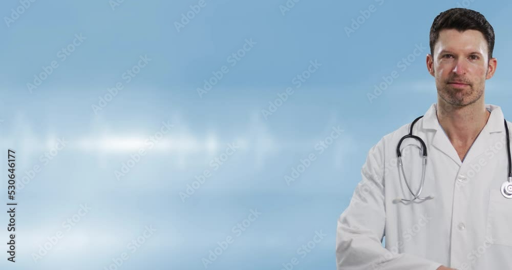 Animation of caucasian male doctor over light spots Animation of caucasian male doctor over light spots