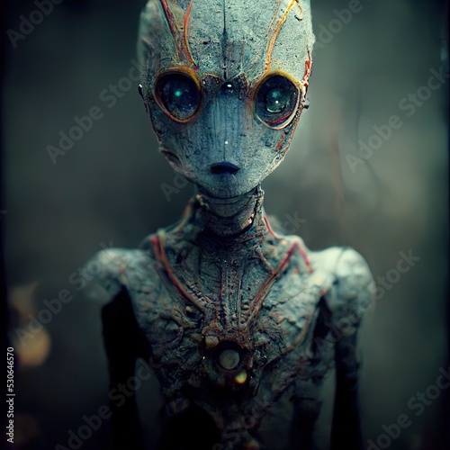 Alien creature creepy figure 3D illustration with dramatic lighting in a front position reflecting evil vibes © Ecleposs