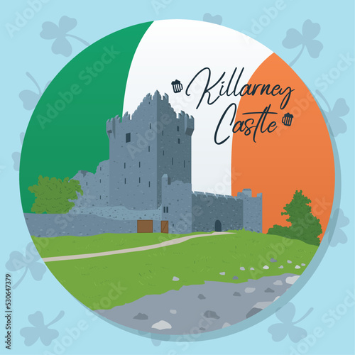 Colored irish sticker with killarney castle landmark Vector photo