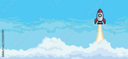 Pixel art background with rocket flying in sky with clouds background vector for 8 bit game