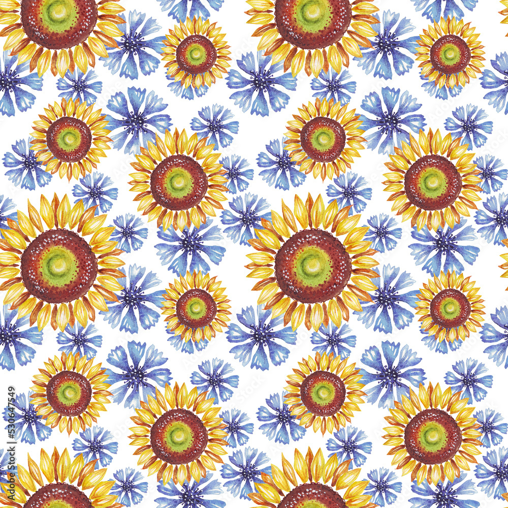 Sunflower and cornflowers. Watercolor pattern