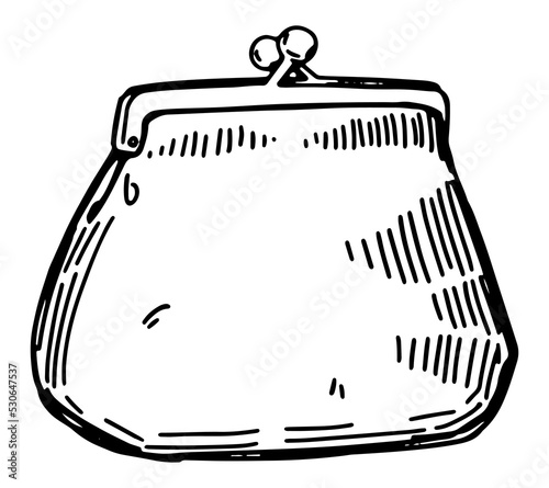 Coin purse sketch. Hand drawn vector illustration of vintage wallet, pocket holder for money. Outline clipart isolated on white background.