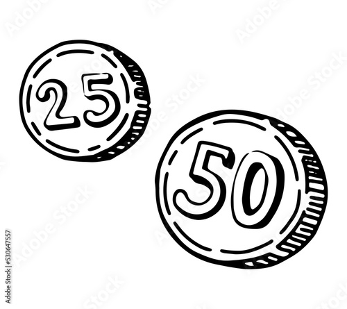 25 and 50 coins sketch. Hand drawn vector illustration of money. Outline clipart isolated on white background.