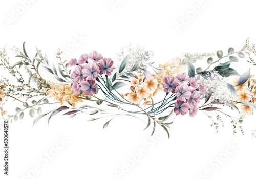 Seamless Floral border, Greeting card with flowers, can be used as invitation card for wedding, birthday and other holiday and  summer background.