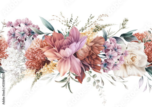 Seamless Floral border, Greeting card with flowers, can be used as invitation card for wedding, birthday and other holiday and summer background.