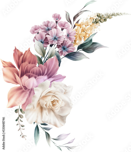 Bouquet of flowers, can be used as greeting card, invitation card for wedding, birthday and other holiday and  summer background. Watercolor illustration 