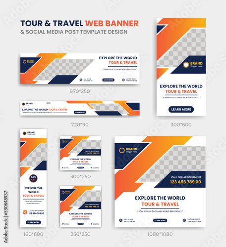 Tour and travel web banner social media post design template Set Vertical, Horizontal and Square banners with a standard size.