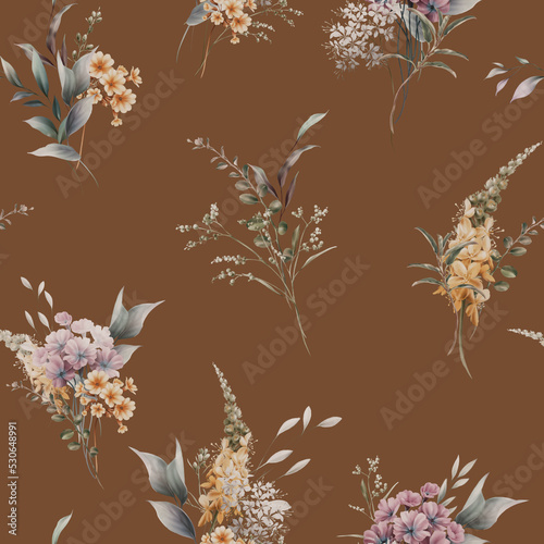 Seamless floral pattern with flowers on summer background, watercolor illustr...
