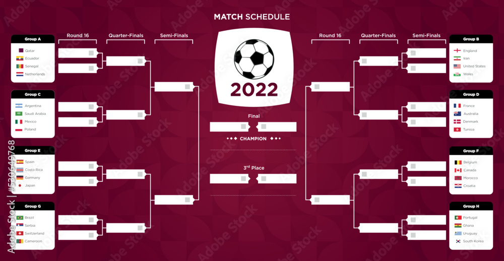 Vecteur Stock Football 2022 playoff match schedule. Tournament bracket. Football  results table, participating to the final championship knockout. qatar cup  2022 | Adobe Stock