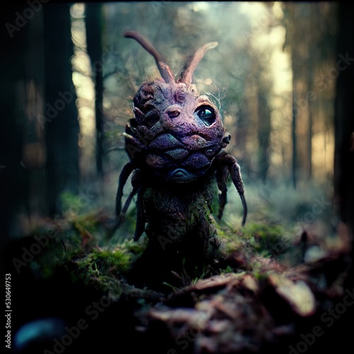A creature of the woods Portrait 3D illustration with dramatic lighting in a front position reflecting the cultural heritage of another world