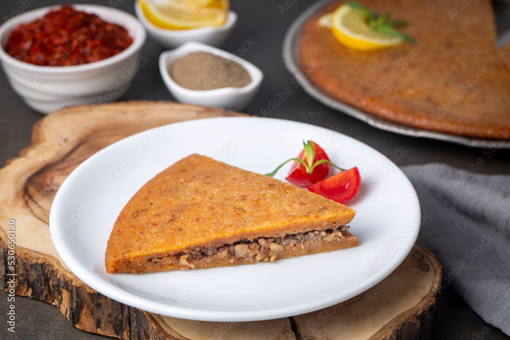 Traditional food of Antakya - Turkey, oruk in the tray. (Turkish name; Tepside icli kofte, tepside oruk, tepsi orugu, sini kofte) Hatay Oruk food.