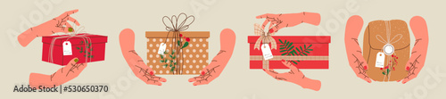 Hands holding Christmas gift in kraft paper with tag and berries. Present box in craft wrapping paper with bow and branches. Set of colored flat vector illustration isolated on background.