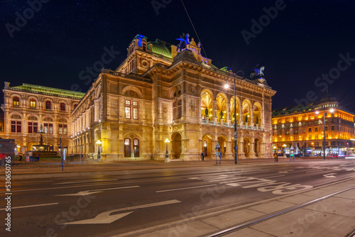 vienna, austria - oct 17, 2019: facade of famous opera house at night. popular travel destination © Pellinni