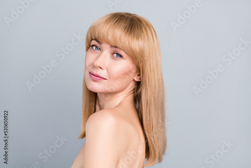 Photo of tender mature lady look fresh pure skin ideal hydration detox using isolated over grey color background