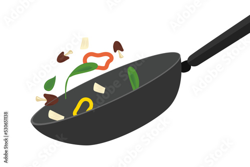 Cooking Pan, Kitchen Pan, Chef Cooking, Vegetables in Pan, Vector Illustration Background