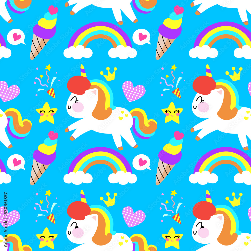 Seamless Unicorn pattern with cartoon on a blue background. Seamless Unicorn pattern with cartoon on a blue background.