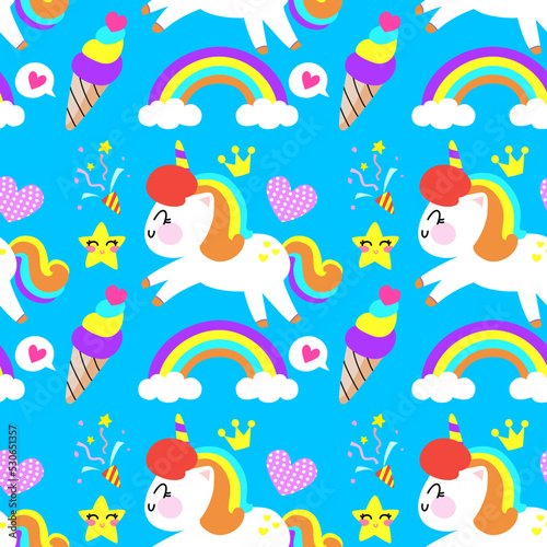 Seamless Unicorn pattern with cartoon on a blue background.