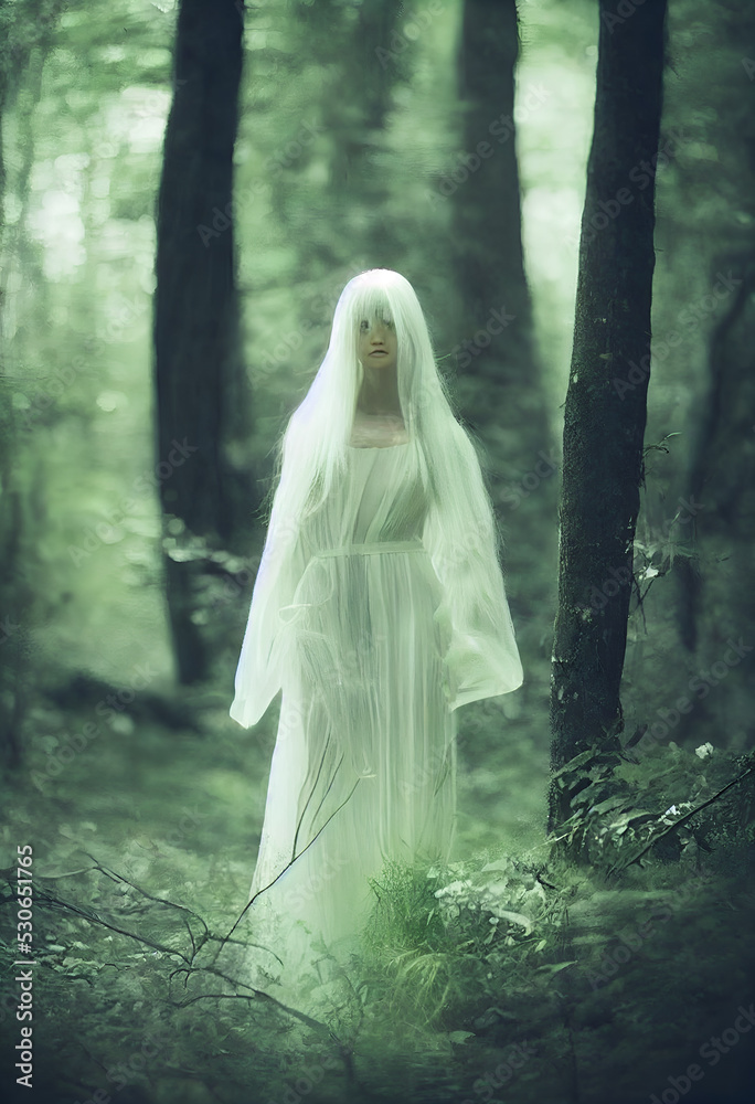creepy female ghost in the woods