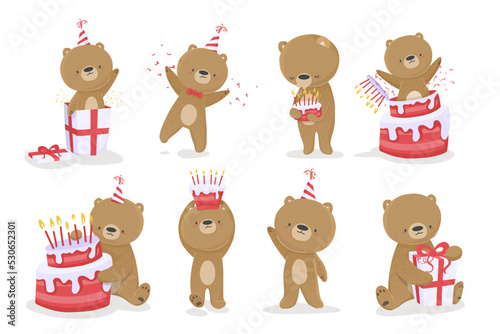 Festive Illustration of baby bear cartoon with a cake, Happy birthday greeting for print, design, poster, greeting card
