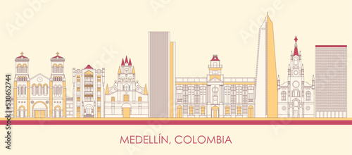Cartoon Skyline panorama of city of Medellin, Colombia - vector illustration