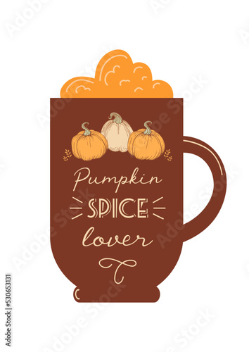 Pumpkin spice lover. International coffee day. Silhouette of a glass with foam. Vintage lettering. For cafes, shops, menus, posters, postcards, banners