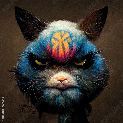 Cartoon face of a cute funky angry cat 3D illustration for children in a colorful style reflecting happiness 